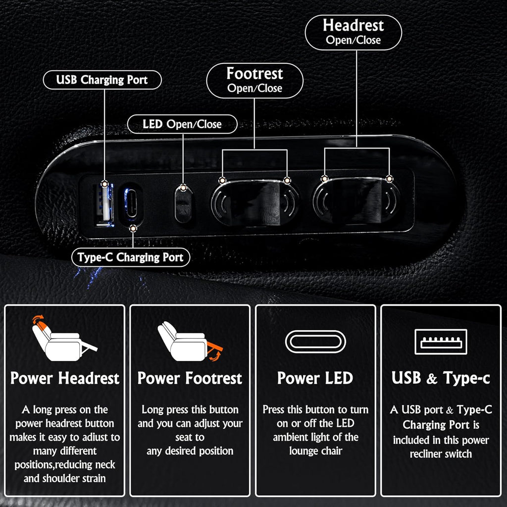 Home Theater Seating,Top-Grain Leather Recliner Sofa, Zero Gravity Power Reclining Couch with Ambient LED Lights