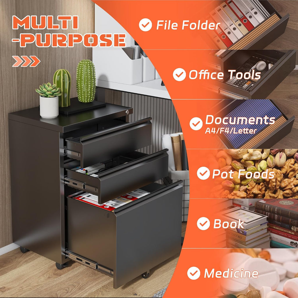 3 Drawer Mobile File Cabinet with Lock, Metal Filing Cabinets , Rolling Under Desk Organizer for Letters/Legal/A4