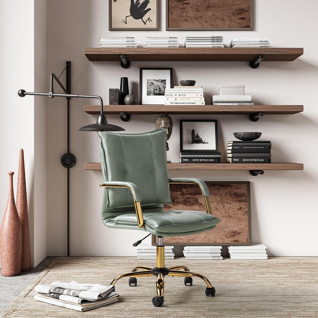 Faux Leather Home Office Desk Chair, Adjustable Swivel Computer Chair with Golden Legs and Arms, Comfy Upholstered