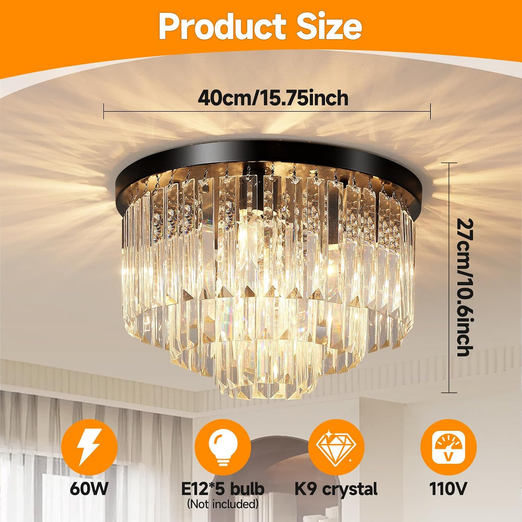 16" Black Crystal Chandelier Ceiling Light, Flush Mount 5-Lights 3-Tier K9 Crystal Round Chandelier Light for Dining
