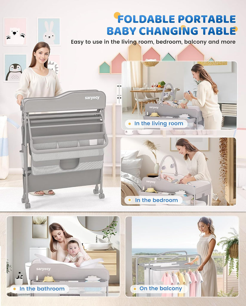 Baby Changing Table, Mobile Folding Diaper Changing Station | Adjustable Height, Waterproof Surface, 2 Storage