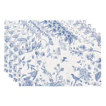 Boho Table Placemats Set of 4, 12"x18" Linen Place Mats, Blue Garden