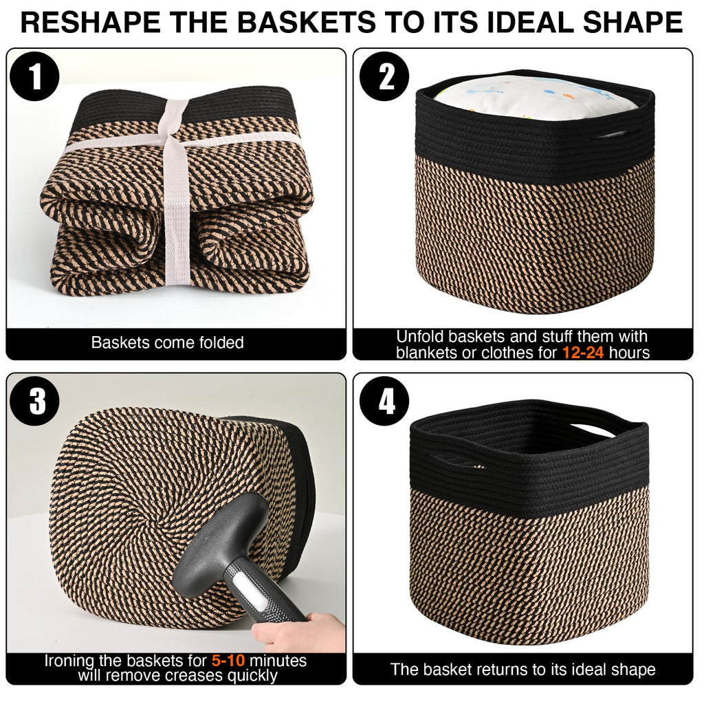 11 Inch Cube Storage Bins Woven Baskets, Black & Jute, Pack of 3