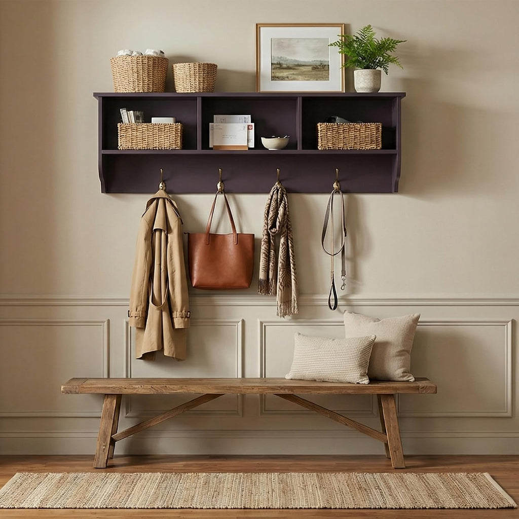 38" Coat Rack Wall Mount with Shelf, Wall Mounted Coat Rack with 3 Storage Cubbies and 4 Dual Hooks,Wooden Mudroom