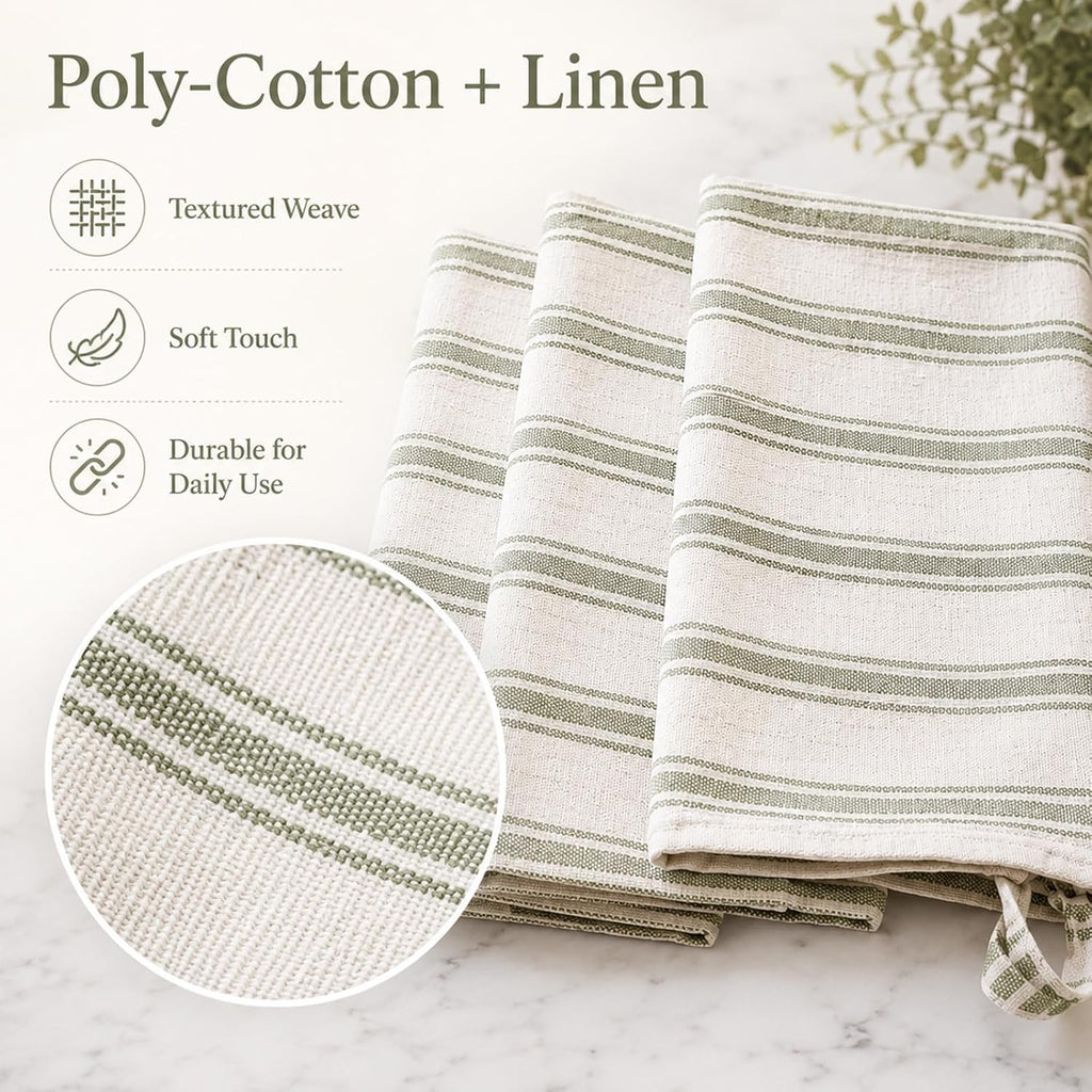 4 Pack Rustic Cotton Linen Kitchen Towels 27.2 x 17.3 inch Natural Farmhouse Sage Green Stripe Dishcloths Absorbent