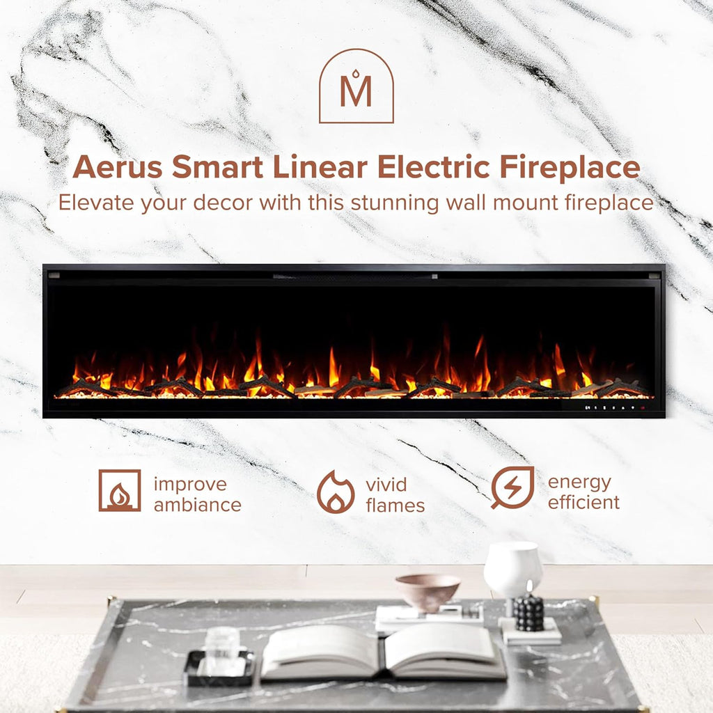 Modern Ember Aerus 72 Inch Smart Linear Electric Fireplace | Recessed in-Wall or Wall-Mount | LED Multiple Flame