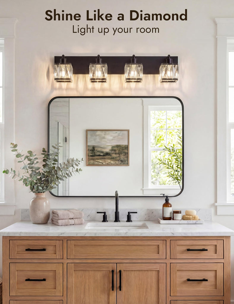 4-Light Crystal Bathroom Vanity Light Square, Matte Black