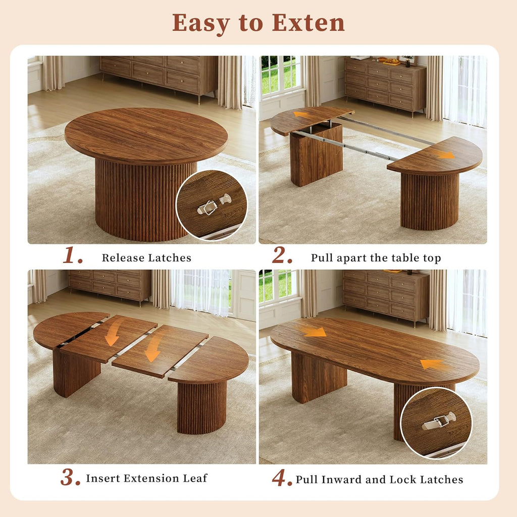 Extendable Round Dining Table for 4-8, 39in-77in Long Large Kitchen Table with Fluted Base, Space Saving Modern