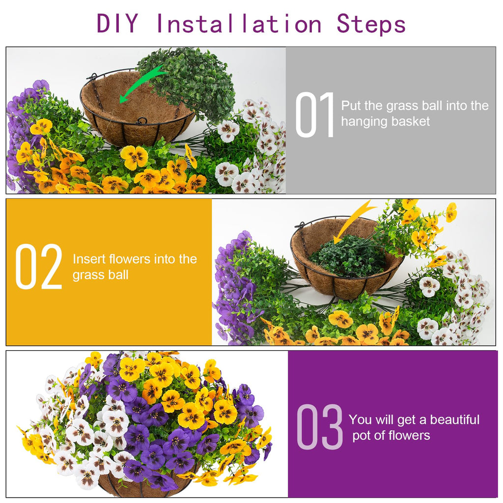 2 Sets Artificial Hanging Pansy Flowers with Baskets, 24 Pcs UV Resistant Faux Silk Pansy Outdoor Hanging Flower for