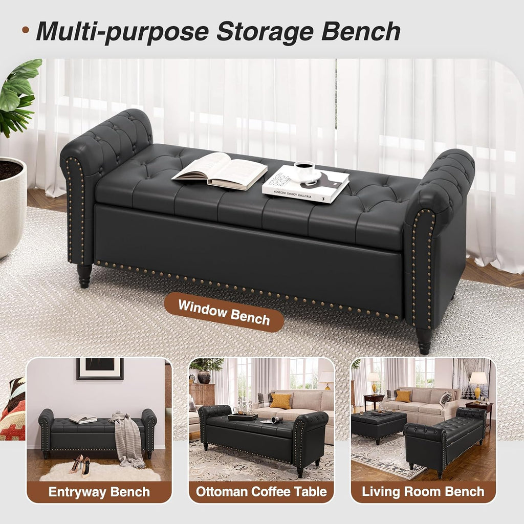 65" Bedroom Bench, End of Bed Bench with Storage, Black