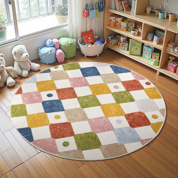 Round Kids Rug 5ft Washable Playroom Rug Colorful Nursery Play Mat