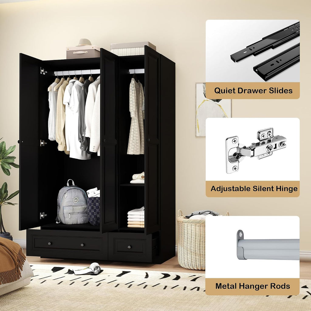 Armoire Wardrobe Closet with Drawers: 47" Black Wardrobe Closet with 3 Doors and 2 Drawers, Wood Clothes Armoire with