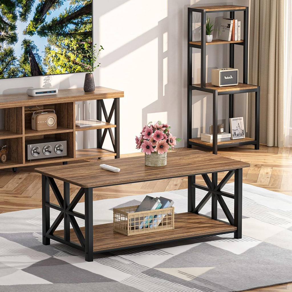 Coffee Table with Round Corner, Farmhouse Center Table with 2-Tier Storage Shelf X-Frame Design, 39 inch Walnut