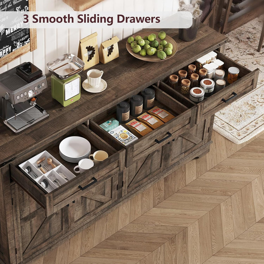 Buffet Cabinet, 61” Large Sideboard Buffet Storage Cabinet with 3 Drawers, Farmhouse Coffee Bar with 4 Doors