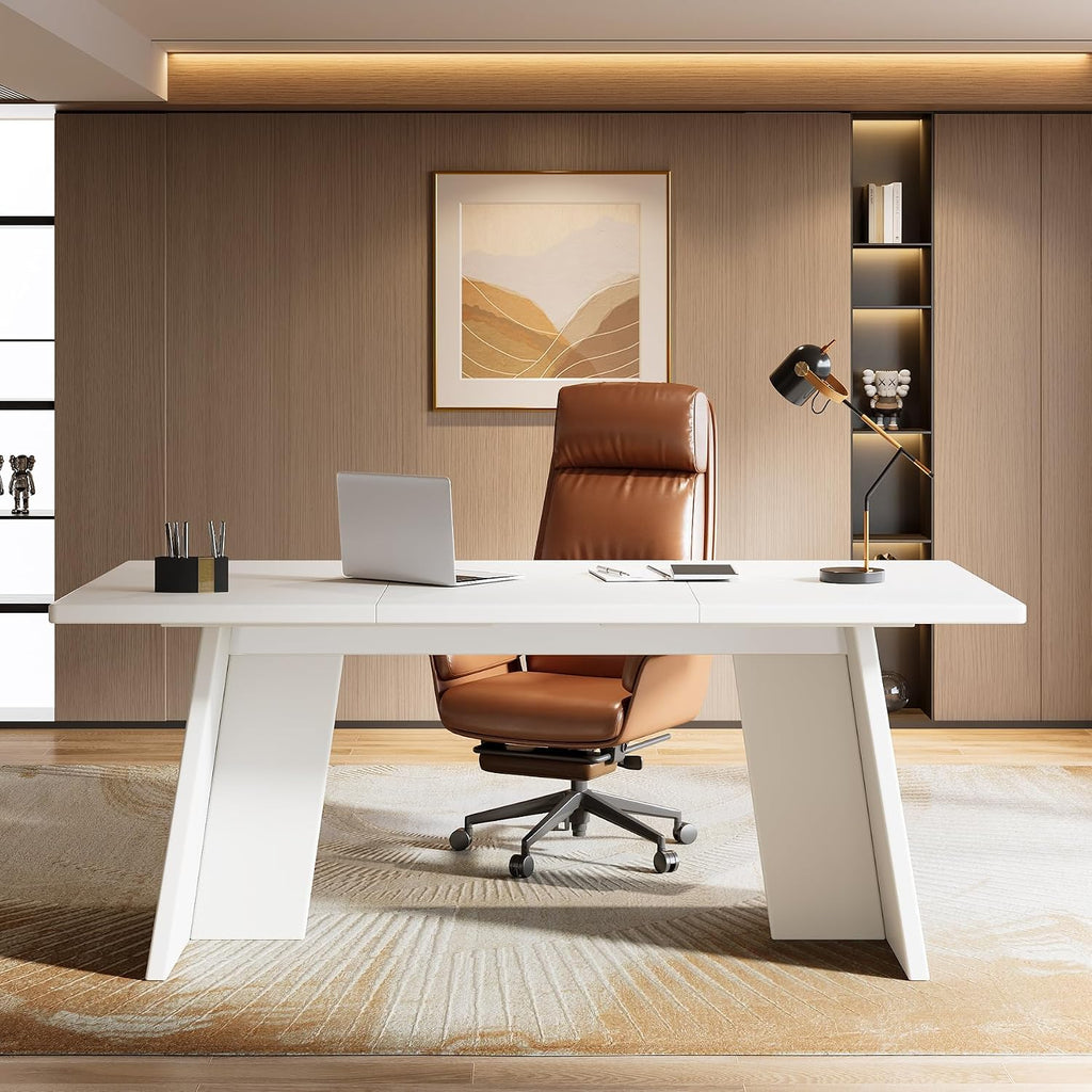 White Executive Desk, 63" Large Office Computer Conference Meeting Table with Wooden Robust Pedestal
