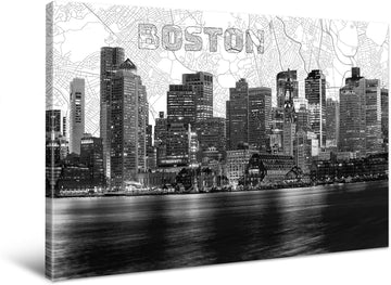 Boston Skyline Canvas Wall Art, 24"x36" Black and White Cityscape with Map Background, Modern Boston City Night View