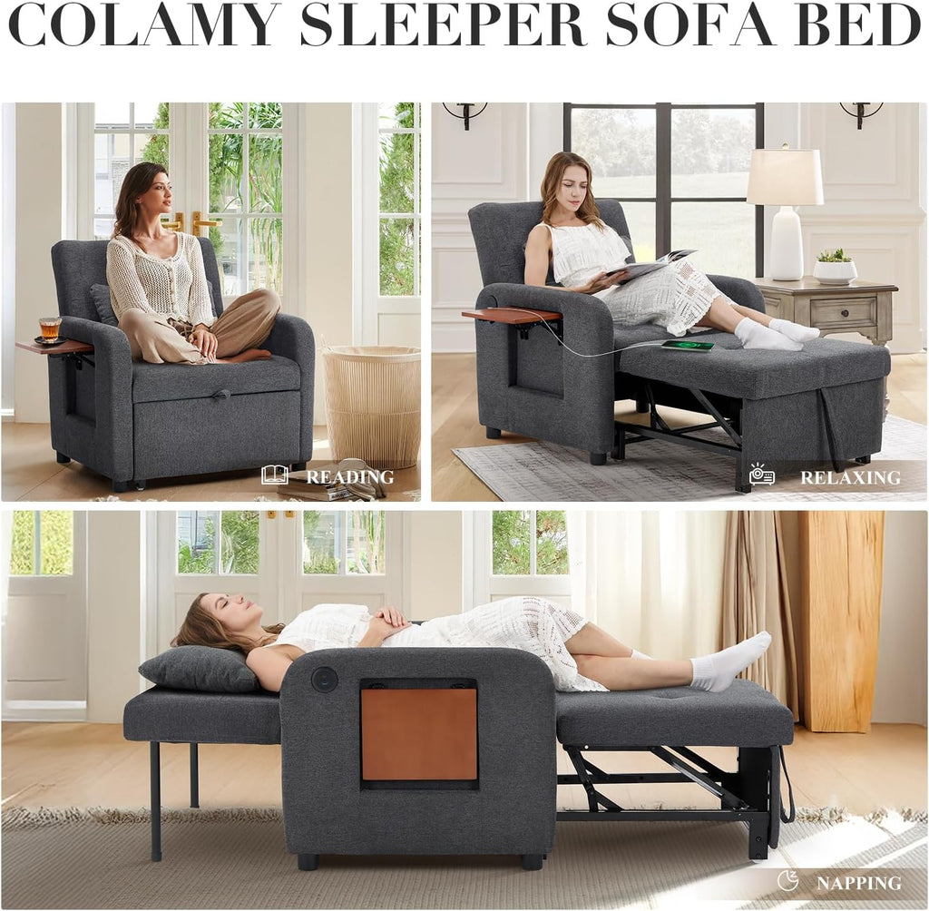 Convertible Sleeper Chair-Fabric Futon Sofa Bed, Single Sleeper Sofa, Small Couch Bed with USB Port, Foldable Table