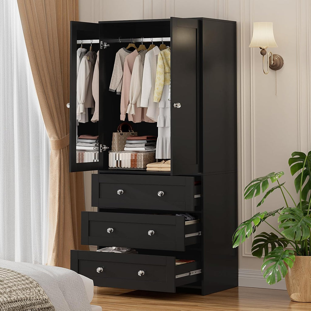 71" Tall Armoire Wardrobe Closet with Drawers and Mirror | Clothing Storage Cabinet with Hanging Rod, 2 Doors Wooden