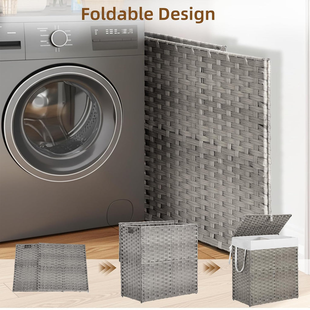 Woven Laundry Hamper with Lid, Large Rattan Clothes Hamper with Removable Machine-Washable Liner, Foldable Laundry