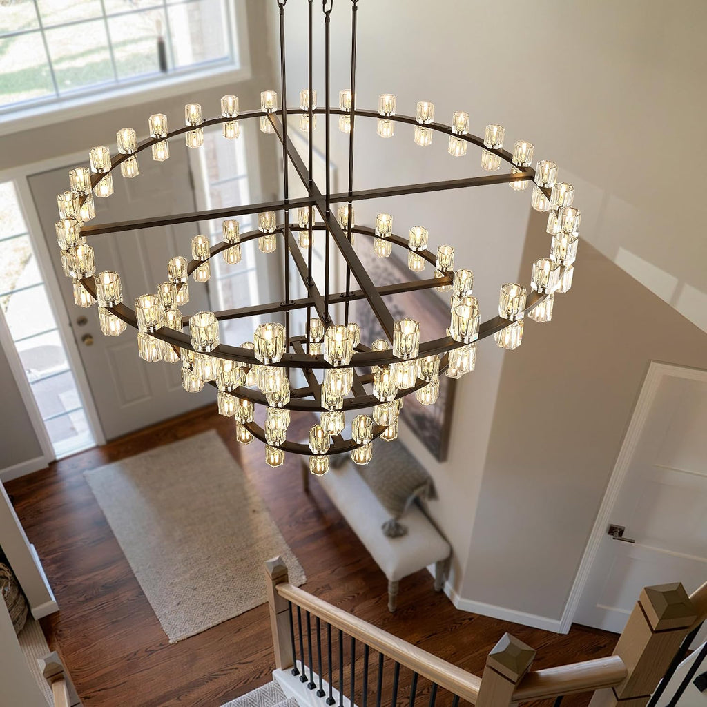 Inspired Arcachon Style 3-Tier Round Wagon Wheel Chandelier, 24" + 40" + 59" 124-Light Black — Grand Foyer & High Ceilings