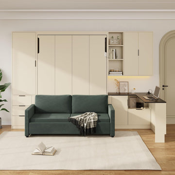 Queen Foldable Murphy Bed with Sofa and Desk, Wall Cabinet Bed with Hydraulic Storage, Shelves & Drawers, LED/USB
