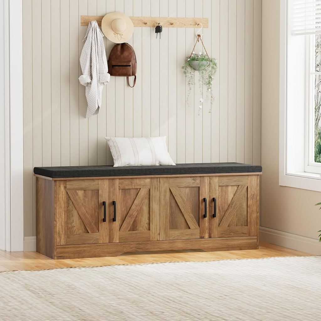 Farmhouse Shoe Storage Bench with 4 Barn Doors & Padded Seat Cushion | 47.2" Wide Entryway Bench with Adjustable