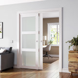 Sliding Closet Door, 72"×80"(Double Barn Doors 37"), Double Frosted 3 Panel Glass Sliding Door with 