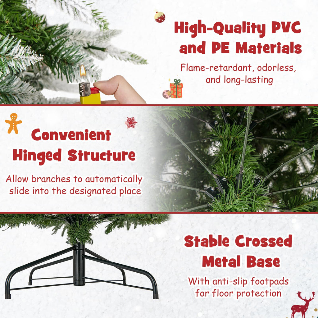 9 FT Pre-Lit Pencil Christmas Tree, Artificial Snow Flocked Hinged Fake Slim Xmas Tree with 470 Warm-White LED