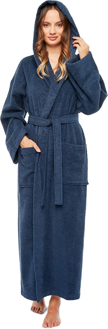 Women's Hooded Classic Bathrobe Turkish Cotton Robe with Full Length Options