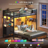 Twin Over Full Bunk Bed with 4 Storage Drawers and Bookshelf, Metal Bunk Beds with LED Lights, Charging Station