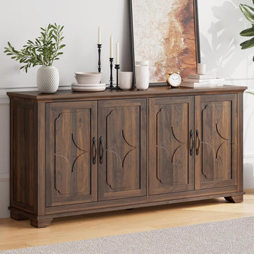 63 Inch Buffet Cabinet with Storage, Large Sideboard Cabinet with 4 Carved Doors