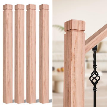 3.5" x 47" Red Oak Wood Stair Newel Post with a Single Groove Notched Newel Wood Balusters for Staircase Interior and