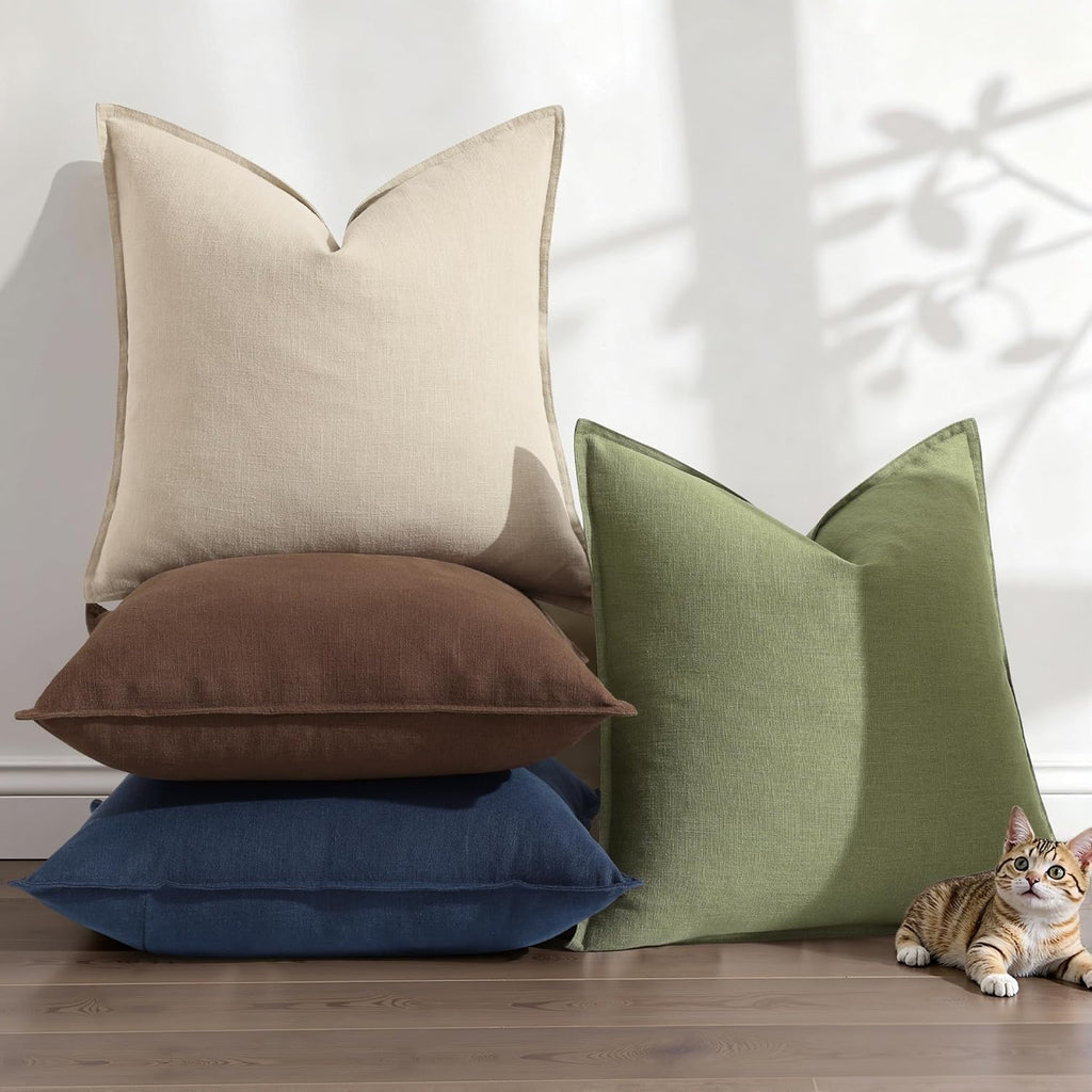 Summer Decorative Linen Euro Sham Throw Pillow Covers 26x26 Inch Set of 2 Natural Beige Pillow Covers with Flange