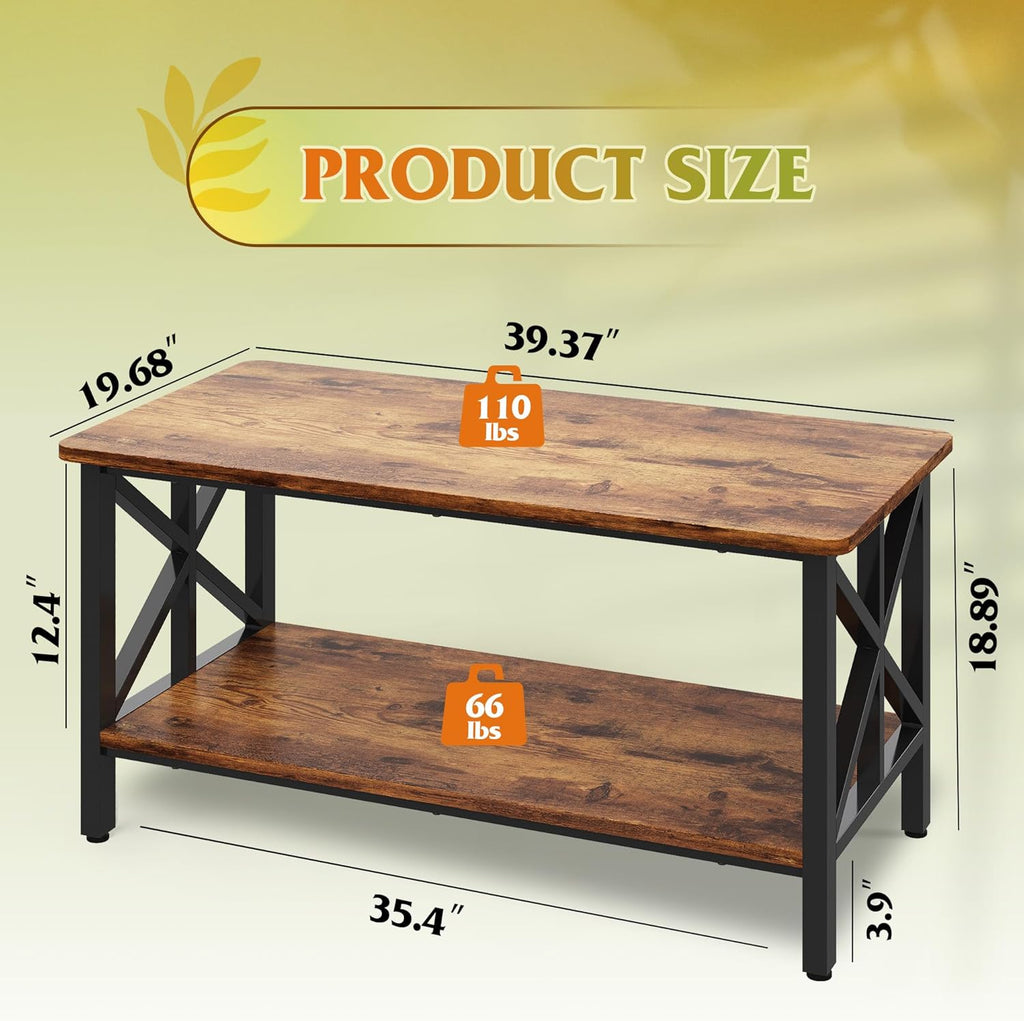 Coffee Table, 39" Modern 2-Tier Center Table with Round Corners, Storage Shelf