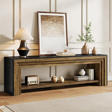 70" Long TV Stand for 75-Inch TV, Farmhouse Entertainment Center | Low Media Console Wooden Television Stand for Living Room, Bedroom Open Storage Shelves, Two-Tone Design Rustic Brown & Black