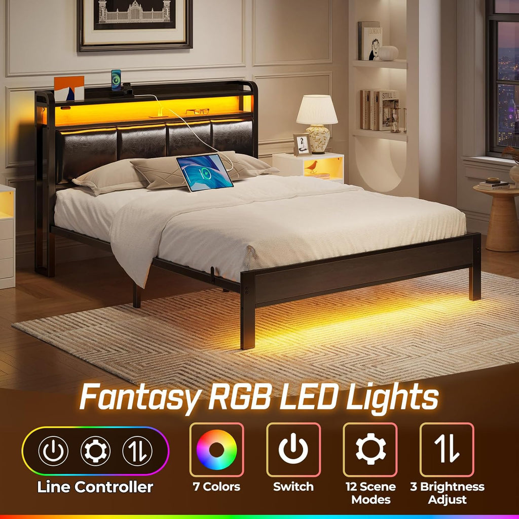 Bed Frame Full with Charging Station and LED Lights, PU Leather Headboard with Storage Shelves, Heavy Duty Metal Slats