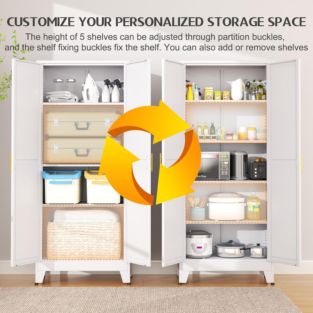 75.2" Tall Metal Kitchen Pantry Storage Cabinets with 2 Door and 5 Adjustable Shelves, Cupboard , White