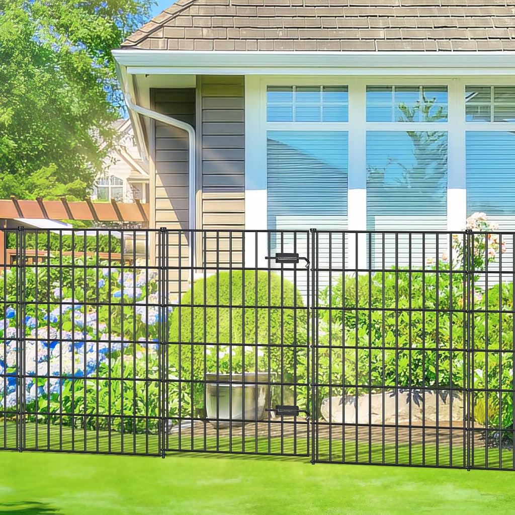 Metal Garden Fence with Gate 40in (H) x 23.3ft (L), 1 Gate + 9 Panels Dog Fence Border Fence Animal Barrier, No Dig
