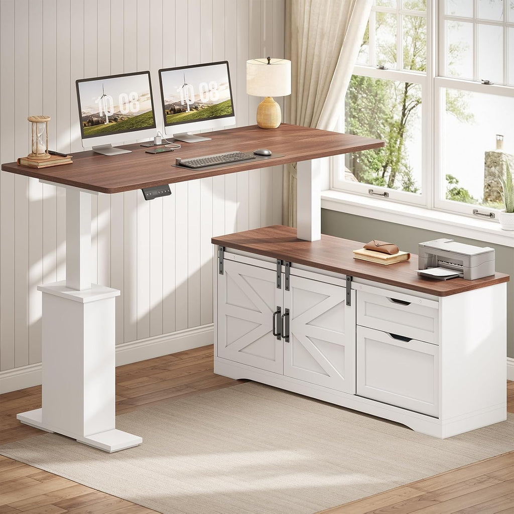 Farmhouse L Shaped Standing Desk, 55 inch Height Adjustable Corner Desk with Storage Drawers