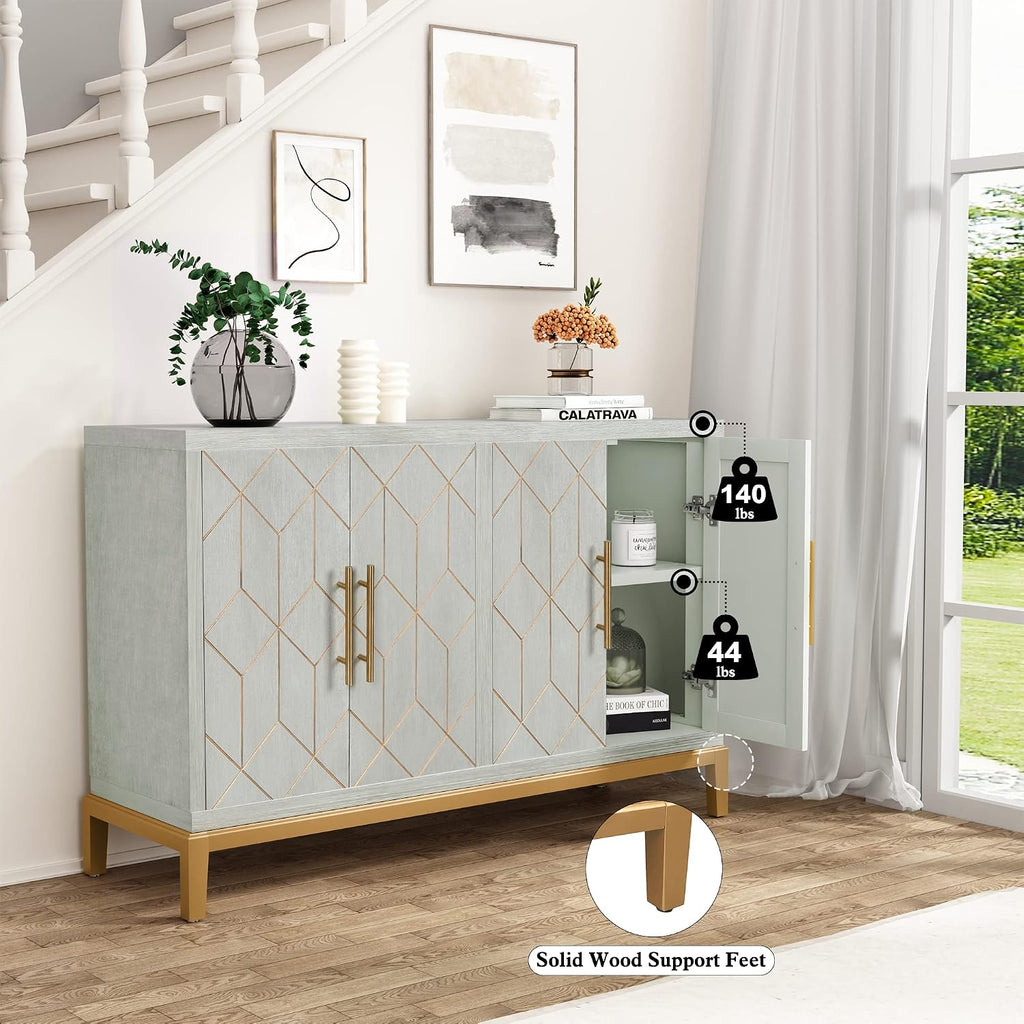 48" Accent Cabinet with 4 Doors and Shelves, Modern Credenza Storage Cabinet with Gold Trim, Green Buffet Cabinet
