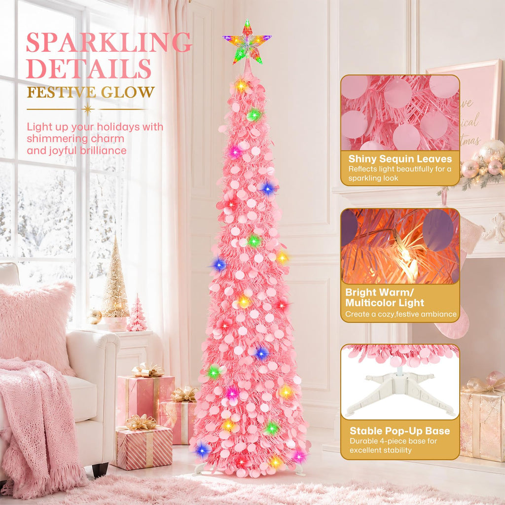 5FT Pop Up Christmas Tree with Lighted Top Star for Pink Decorations