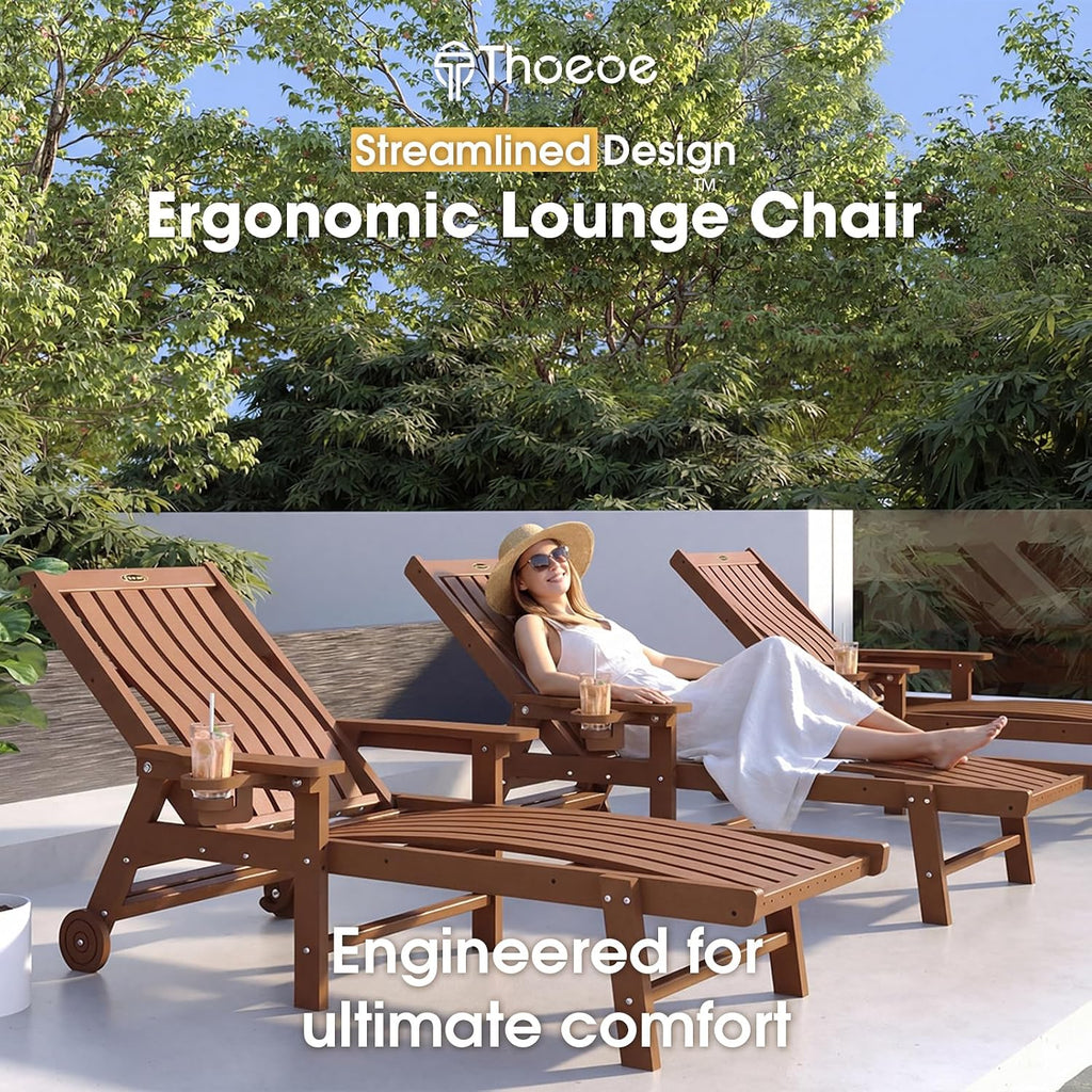 Patio Chaise Lounge Chair,HDPE Lounge Chair Outdoor with Wheels | Oversized pool lounge chairs with cup holder, 5