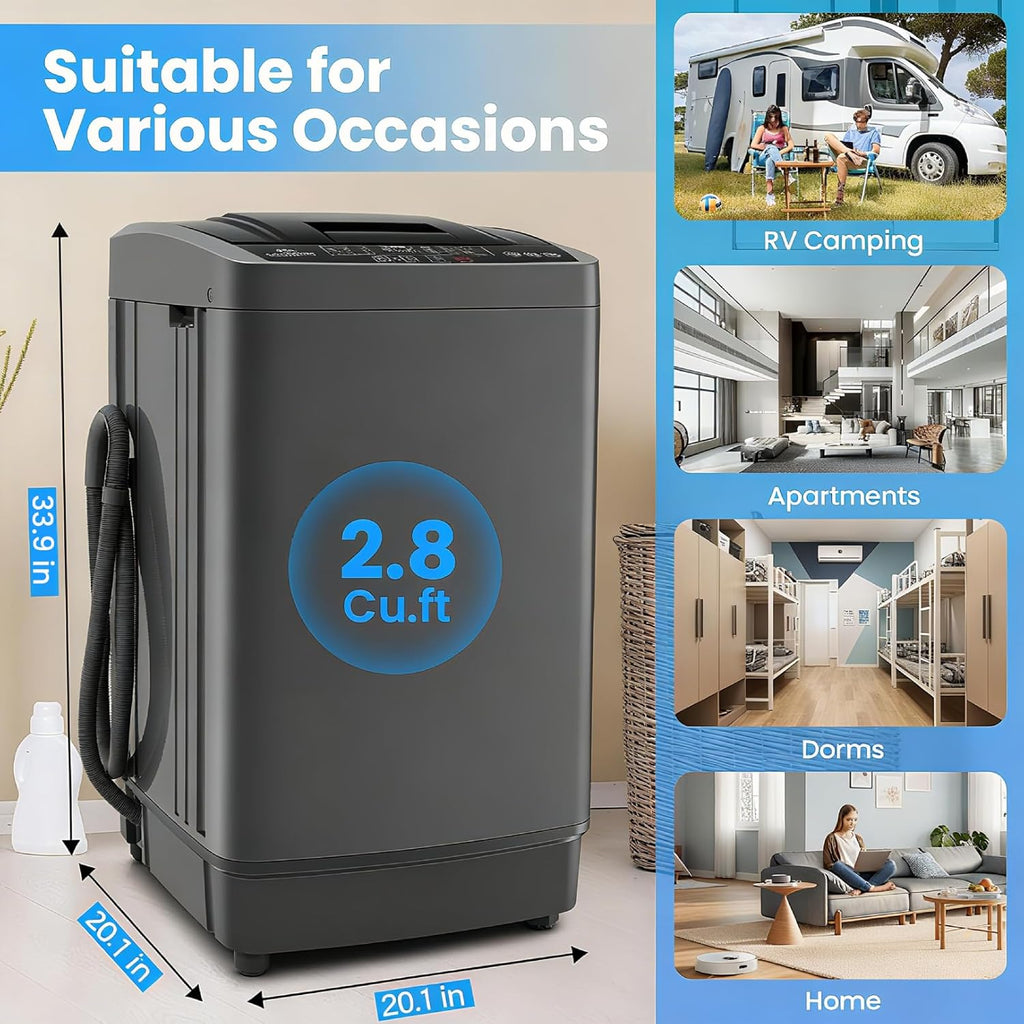 2.8 Cu.ft Portable Washer, 20 lbs Capacity Full Automatic Washing Machine with Drain Pump, 10 Wash Programs & LED