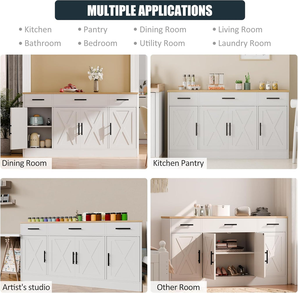 Buffet Cabinet with Storage, Farmhouse Storage Cabinet with 4 Doors and 3 Drawers