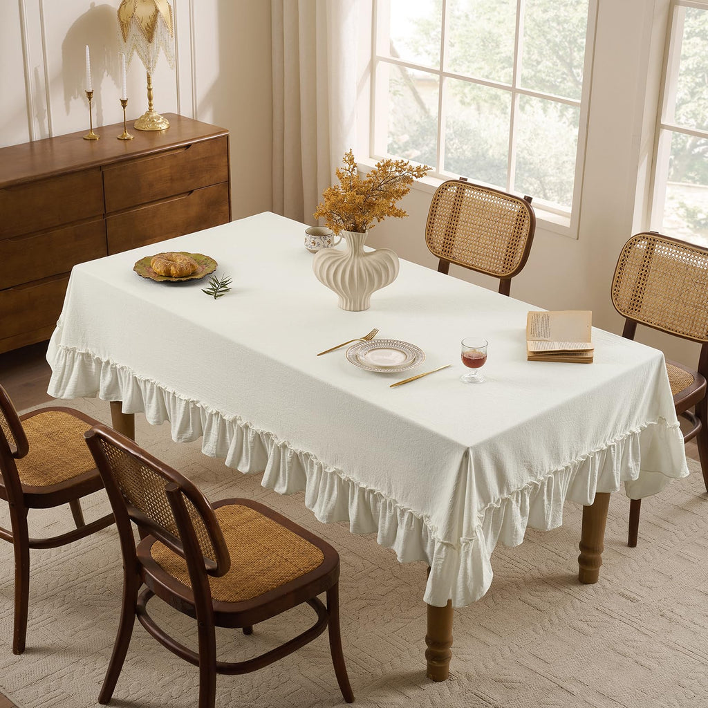 Ruffled Rectangle Tablecloth, White, 60 x 120 Inch