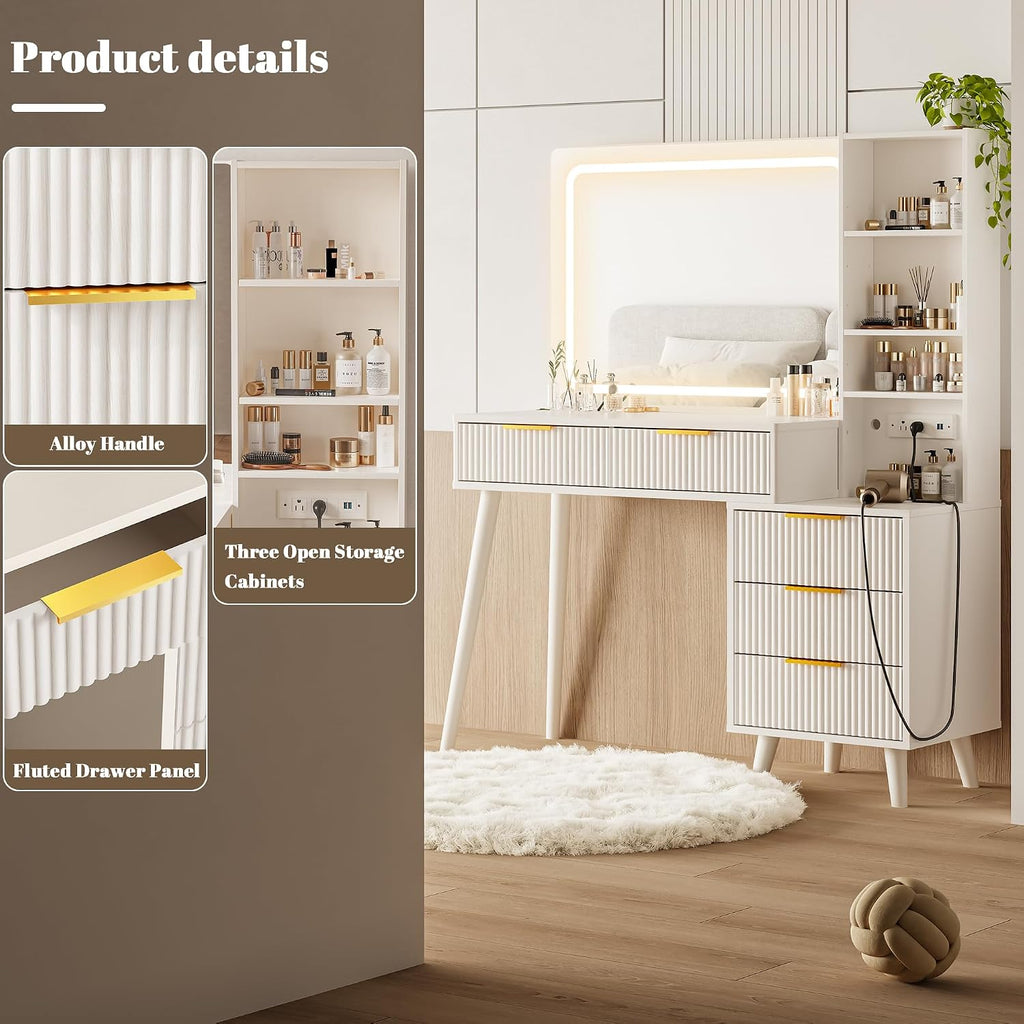 Vanity Desk with Mirror and Lights, Makeup Vanity Desk with Power Outlet, Makeup Desk with 5 Drawers&Storage Shelves
