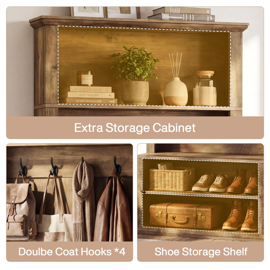 Hall Tree with Bench and Shoe Storage, 70.89" Tall Hall Tree with Coat Hooks, Open Shoe Shelves and Top Display