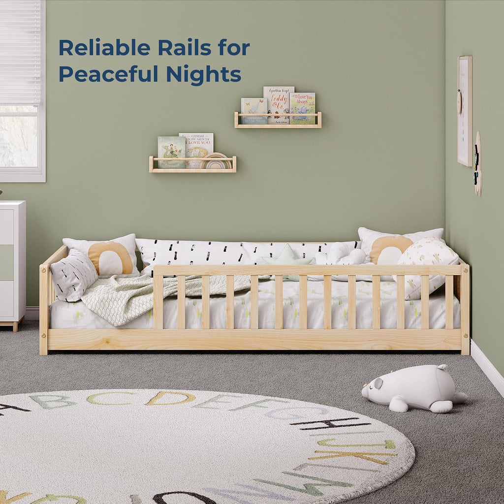 Twin Montessori Floor Bed with Rails | Solid Wood Natural Floor Bed Frame for Kids, Montessori Bed with Slats, No Box
