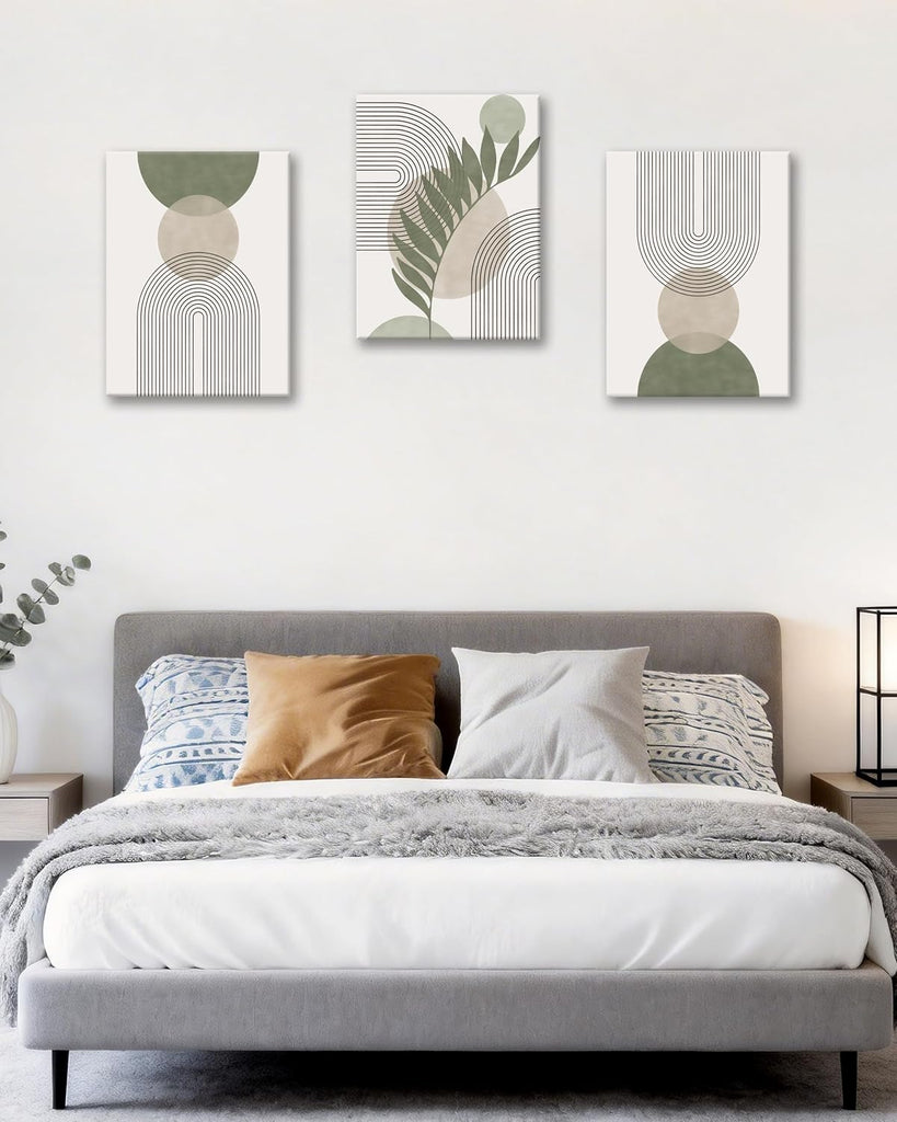 CM Sage Green Boho Wall Art, Botanical Geometric Framed Canvas Bathroom Wall Art, Mid-Century Modern Wood Frame