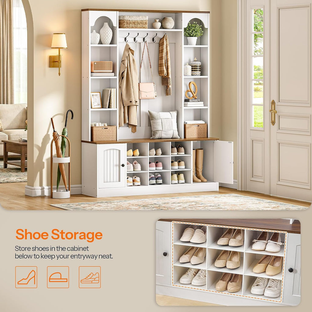 Hall Tree with Bench and Shoe Storage, 51" Entryway Bench with Coat Rack, Farmhouse Entryway Organizer with 5 Hooks